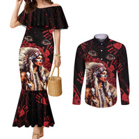 Native American MMIW Couples Matching Mermaid Dress and Long Sleeve Button Shirt Red Indian Women With Red Handprint