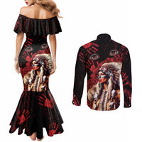 Native American MMIW Couples Matching Mermaid Dress and Long Sleeve Button Shirt Red Indian Women With Red Handprint