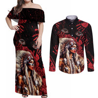 Native American MMIW Couples Matching Off Shoulder Maxi Dress and Long Sleeve Button Shirt Red Indian Women With Red Handprint