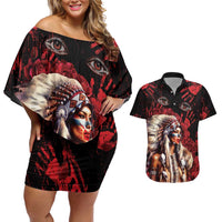 Native American MMIW Couples Matching Off Shoulder Short Dress and Hawaiian Shirt Red Indian Women With Red Handprint