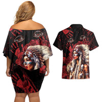 Native American MMIW Couples Matching Off Shoulder Short Dress and Hawaiian Shirt Red Indian Women With Red Handprint