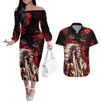 Native American MMIW Couples Matching Off The Shoulder Long Sleeve Dress and Hawaiian Shirt Red Indian Women With Red Handprint