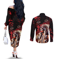 Native American MMIW Couples Matching Off The Shoulder Long Sleeve Dress and Long Sleeve Button Shirt Red Indian Women With Red Handprint