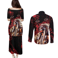Native American MMIW Couples Matching Puletasi and Long Sleeve Button Shirt Red Indian Women With Red Handprint