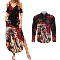 Native American MMIW Couples Matching Summer Maxi Dress and Long Sleeve Button Shirt Red Indian Women With Red Handprint
