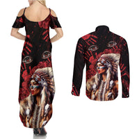 Native American MMIW Couples Matching Summer Maxi Dress and Long Sleeve Button Shirt Red Indian Women With Red Handprint