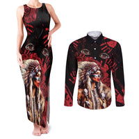 Native American MMIW Couples Matching Tank Maxi Dress and Long Sleeve Button Shirt Red Indian Women With Red Handprint