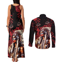 Native American MMIW Couples Matching Tank Maxi Dress and Long Sleeve Button Shirt Red Indian Women With Red Handprint