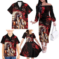 Native American MMIW Family Matching Off The Shoulder Long Sleeve Dress and Hawaiian Shirt Red Indian Women With Red Handprint