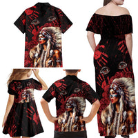 Native American MMIW Family Matching Off Shoulder Maxi Dress and Hawaiian Shirt Red Indian Women With Red Handprint