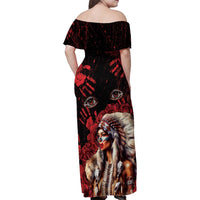 Native American MMIW Family Matching Off Shoulder Maxi Dress and Hawaiian Shirt Red Indian Women With Red Handprint