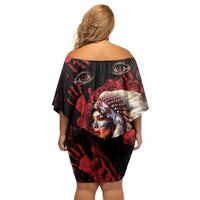 Native American MMIW Family Matching Off Shoulder Short Dress and Hawaiian Shirt Red Indian Women With Red Handprint