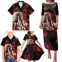 Native American MMIW Family Matching Puletasi and Hawaiian Shirt Red Indian Women With Red Handprint
