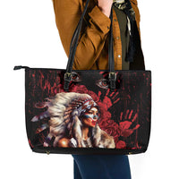 Native American MMIW Leather Tote Bag Red Indian Women With Red Handprint