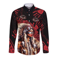 Native American MMIW Long Sleeve Button Shirt Red Indian Women With Red Handprint