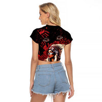 Native American MMIW Raglan Cropped T Shirt Red Indian Women With Red Handprint