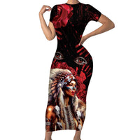 Native American MMIW Short Sleeve Bodycon Dress Red Indian Women With Red Handprint