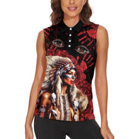 Native American MMIW Women Sleeveless Polo Shirt Red Indian Women With Red Handprint