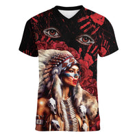 Native American MMIW Women V-Neck T-Shirt Red Indian Women With Red Handprint