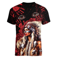 Native American MMIW Women V-Neck T-Shirt Red Indian Women With Red Handprint