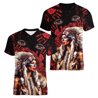 Native American MMIW Women V-Neck T-Shirt Red Indian Women With Red Handprint