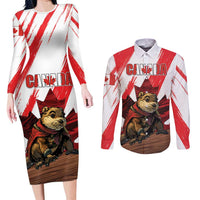 Personalised Canada Beaver Adventurer Couples Matching Long Sleeve Bodycon Dress and Long Sleeve Button Shirt With Maple Leaf