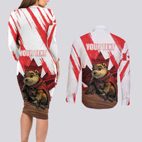 Personalised Canada Beaver Adventurer Couples Matching Long Sleeve Bodycon Dress and Long Sleeve Button Shirt With Maple Leaf