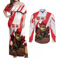 Personalised Canada Beaver Adventurer Couples Matching Off Shoulder Maxi Dress and Long Sleeve Button Shirt With Maple Leaf