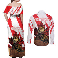 Personalised Canada Beaver Adventurer Couples Matching Off Shoulder Maxi Dress and Long Sleeve Button Shirt With Maple Leaf