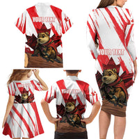 Personalised Canada Beaver Adventurer Family Matching Long Sleeve Bodycon Dress and Hawaiian Shirt With Maple Leaf