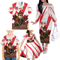 Personalised Canada Beaver Adventurer Family Matching Off The Shoulder Long Sleeve Dress and Hawaiian Shirt With Maple Leaf