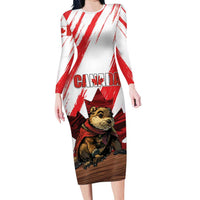 Personalised Canada Beaver Adventurer Long Sleeve Bodycon Dress With Maple Leaf