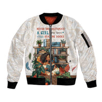 Never Underestimate A Girl Who Loves Reading Books Sleeve Zip Bomber Jacket