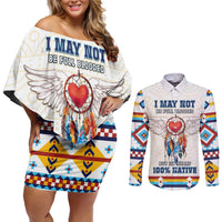Native American Love Couples Matching Off Shoulder Short Dress and Long Sleeve Button Shirt Dream Catcher With Angel Wings