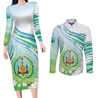 Personalised Djibouti Couples Matching Long Sleeve Bodycon Dress and Long Sleeve Button Shirt Jabuuti Emblem With Jasmine
