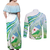Personalised Djibouti Couples Matching Off Shoulder Maxi Dress and Long Sleeve Button Shirt Jabuuti Emblem With Jasmine