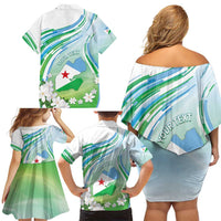 Personalised Djibouti Family Matching Off Shoulder Short Dress and Hawaiian Shirt Jabuuti Emblem With Jasmine