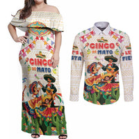 Mexico Cinco De Mayo Couples Matching Off Shoulder Maxi Dress and Long Sleeve Button Shirt Dancing Mexican