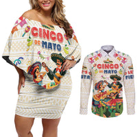 Mexico Cinco De Mayo Couples Matching Off Shoulder Short Dress and Long Sleeve Button Shirt Dancing Mexican