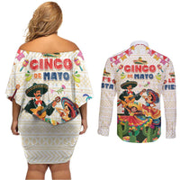 Mexico Cinco De Mayo Couples Matching Off Shoulder Short Dress and Long Sleeve Button Shirt Dancing Mexican