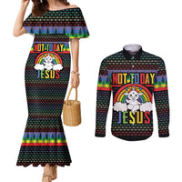 LGBT Not Today Jesus Couples Matching Mermaid Dress and Long Sleeve Button Shirt Rainbow Christmas