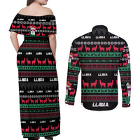 Llama Funny Couples Matching Off Shoulder Maxi Dress and Long Sleeve Button Shirt Llama Christmas DT04 - Wonder Print Shop