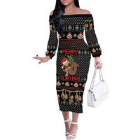 Merry Slothmas Off The Shoulder Long Sleeve Dress Cute Sloth Christmas DT04 - Wonder Print Shop