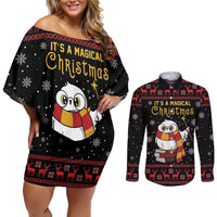 Magical Christmas Couples Matching Off Shoulder Short Dress and Long Sleeve Button Shirt Owl Book Xmas DT04 - Wonder Print Shop