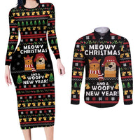 Meowy Christmas And Woofy New Year Couples Matching Long Sleeve Bodycon Dress and Long Sleeve Button Shirt DT04 - Wonder Print Shop