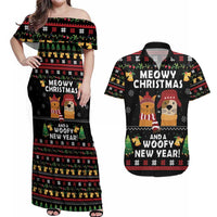 Meowy Christmas And Woofy New Year Couples Matching Off Shoulder Maxi Dress and Hawaiian Shirt DT04 - Wonder Print Shop