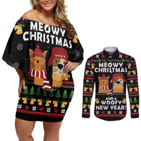 Meowy Christmas And Woofy New Year Couples Matching Off Shoulder Short Dress and Long Sleeve Button Shirt DT04 - Wonder Print Shop