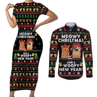 Meowy Christmas And Woofy New Year Couples Matching Short Sleeve Bodycon Dress and Long Sleeve Button Shirt DT04 - Wonder Print Shop