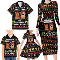 Meowy Christmas And Woofy New Year Family Matching Long Sleeve Bodycon Dress and Hawaiian Shirt DT04 - Wonder Print Shop
