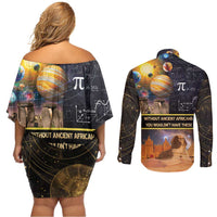 Ancient African Achievements Couples Matching Off Shoulder Short Dress and Long Sleeve Button Shirt Egyptian Pyramids Galaxy